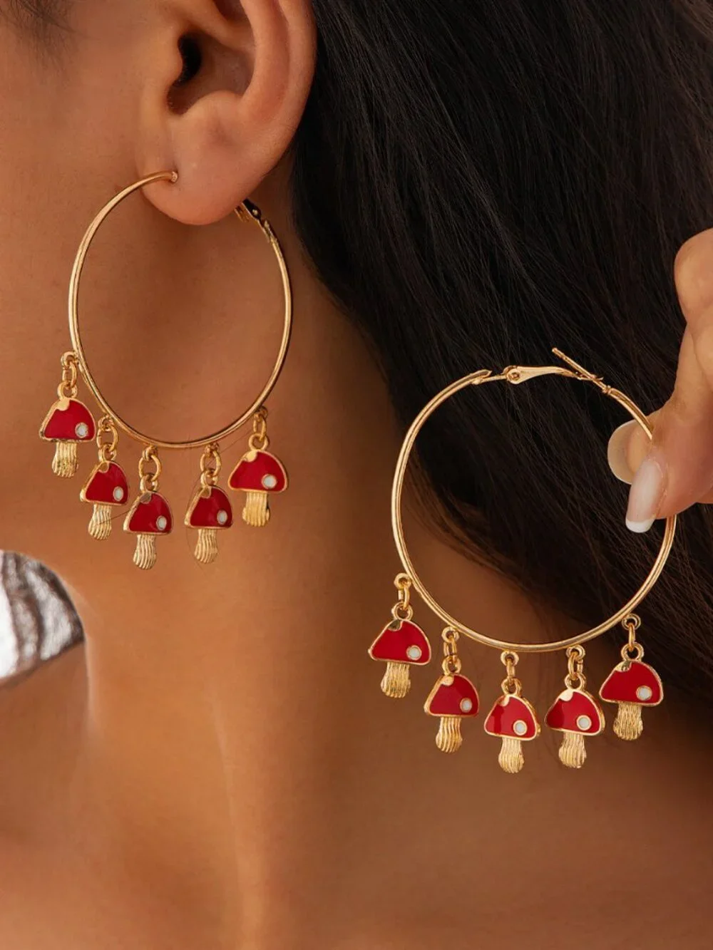 Cute Cartoon Red Mushroom Dangling Gold Tone Hoop Earrings